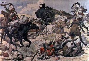 A Train Attacked by a Tribe of Red Skins in Arizona illustration from Le Petit Journal 1906