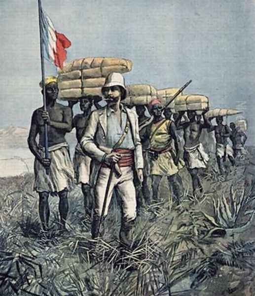 Lieutenant Mizon 1853-99 on his 1892 Mission of Exploration of the River Benue Area in Nigeria from Le Petit Journal July 1892 - view 1