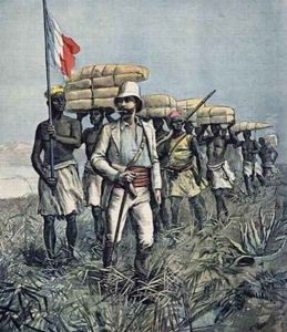 Lieutenant Mizon 1853-99 on his 1892 Mission of Exploration of the River Benue Area in Nigeria from Le Petit Journal July 1892 by Fortune Louis Meaulle