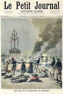Bonfires lit to celebrate the summer solstice in Brittany front cover of Le Petit Journal 1st July 1893 by Fortune Louis Meaulle