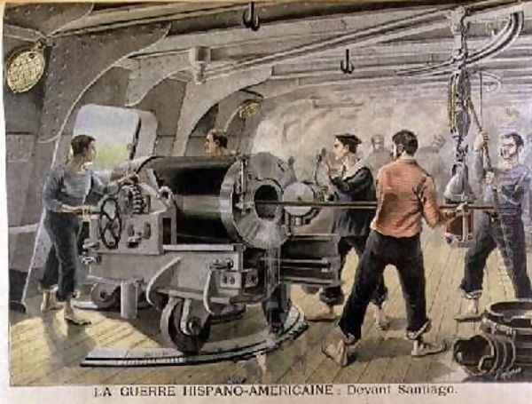 Manoeuvering of a Cannon by the Spanish Marines in front of Santiago Cuba illustration from Le Petit Journal June 1898 - view 1