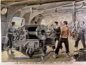 Manoeuvering of a Cannon by the Spanish Marines in front of Santiago Cuba illustration from Le Petit Journal June 1898 by Fortune Louis Meaulle