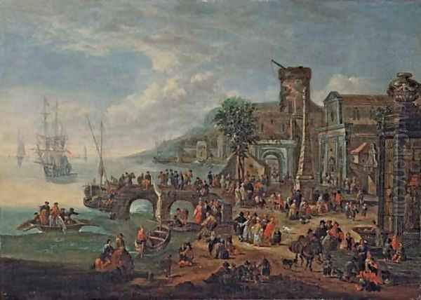 A capriccio of a port with elegant figures - view 1