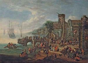 A capriccio of a port with elegant figures