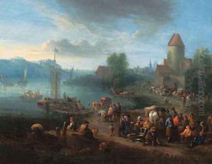 A port on an estuary with fishermen unloading their catch by Theobald Michau