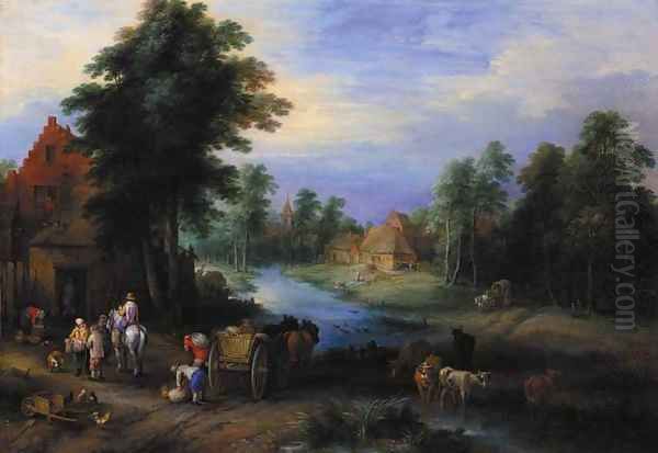 A village by a river with peasants unloading a cart - view 1