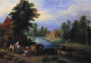 A village by a river with peasants unloading a cart