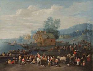 Travellers gathered by a bay by Theobald Michau