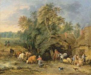 A landscape with peasants and drovers outside cottages by Theobald Michau