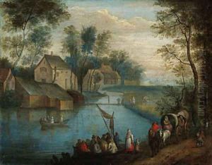 A river landscape with travellers on a path and peasants boating, a village beyond by Theobald Michau
