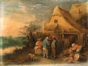 Peasants drinking and smoking outside farms by Theobald Michau