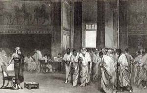 Appius Claudius persuading the Senate to reject Pyrrhus offer of Peace from Leisure Hour 1891 by Cesare Maccari