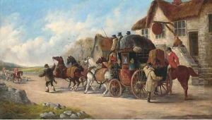 A mail coach outside the Old Fox Inn, a hunt beyond by John Charles Maggs