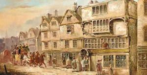 A coach and four outside the Cock Tavern, Bishopsgate Street by John Charles Maggs