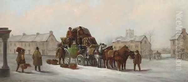 The Bristol, Bath and London Coach in snow before an inn; and The Bath, Reading and London coach in a snow-covered market place - view 1