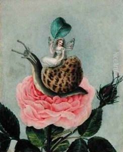 A fairy holding a leaf sitting on a snail above a rose 1817-29 by Amelia Jane Murray