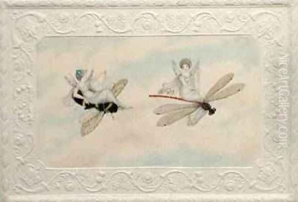 Two fairies flying through the air one seated on a bee and the other on a dragonfly 1817-29 - view 1