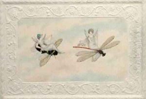 Two fairies flying through the air one seated on a bee and the other on a dragonfly 1817-29 by Amelia Jane Murray