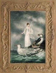 A fairy standing on the back of a guillmot watched by a puffin 1817-29 by Amelia Jane Murray