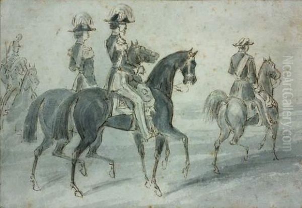 Trois Officiers A Cheval Et Un Cavalier - view 1
