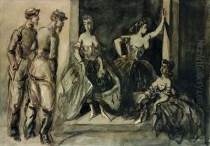 Deux Militaires Et Trois Femmes by Constantin Guys