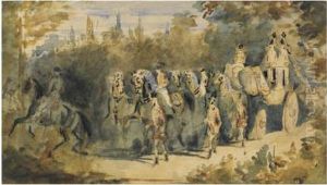 Le Carosse De Sa Majeste La Reine Victoria Tournant Sous Les Arbres by Constantin Guys