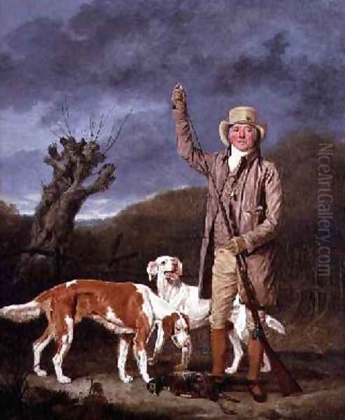 A Sportsman loading a flintlock gun with two retrievers and a dead pheasant in a landscape - view 1