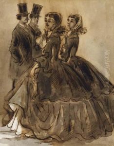 Deux Elegantes Et Deux Hommes Se Croisant by Constantin Guys