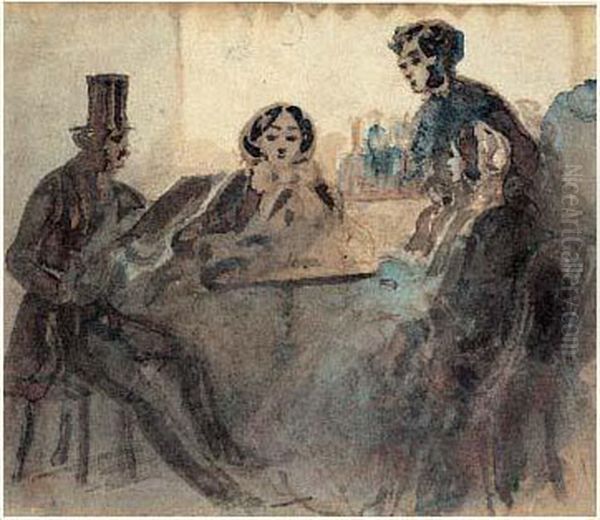 Deux Femmes Et Un Homme Dans Un Cafe - view 1