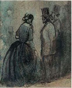 Deux Hommes Et Une Femme Conversant Dans La Rue by Constantin Guys