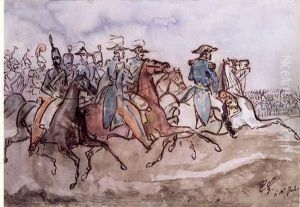 Cortege D'officiers A Cheval, En Fond Un Defile De Troupes by Constantin Guys
