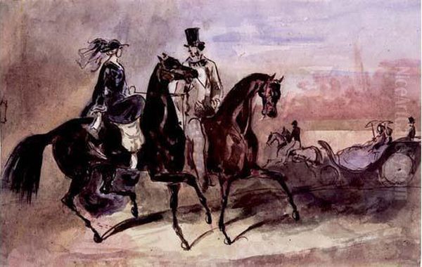 Cavalier Et Cavaliere, En Fond, Un Attelage - view 1