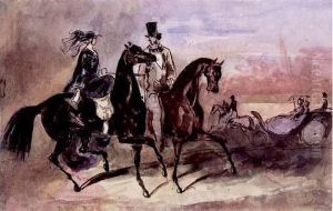 Cavalier Et Cavaliere, En Fond, Un Attelage Cavalier Et Cavaliere, En Fond, Un Attelage