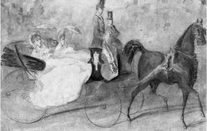 Deux Femmes Dans Une Voiture Ouverte Et Deux Cochers by Constantin Guys