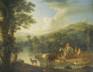 A Wooded River Landscape With A Woman On A Grey Horse With Animals Watering A Wooded River Landscape With A Woman On A Grey Horse With Animals Watering