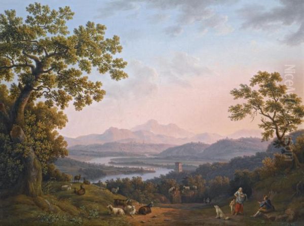 A View Along The Valley Of The
River Tiber Towards Poggio Mirteto, And Beyond The Sabine Mountains Lit
Up By The Evening Sun - view 1