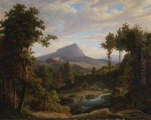 A Southern Landscape With A Waterfall And Apalace On A Hill