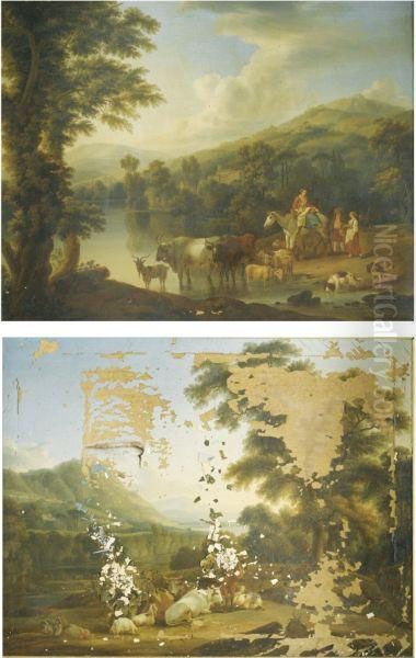 A Wooded River Landscape With A Woman On A Grey Horse With Animalswatering - view 1