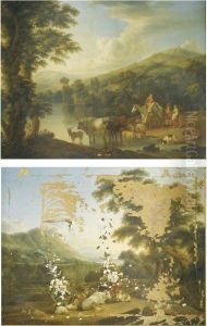 A Wooded River Landscape With A Woman On A Grey Horse With Animalswatering by Jacob Philipp Hackert