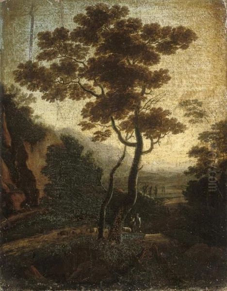 A Wooded Landscape With A Shepherd And His Flock On A Track - view 1