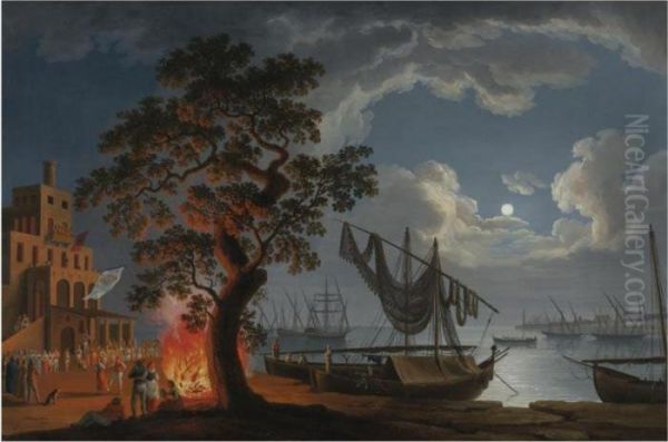 The Customs House, Naples, By Moonlight With Dancers And Musicians By A Fire - view 1