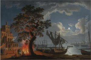 The Customs House, Naples, By Moonlight With Dancers And Musicians By A Fire