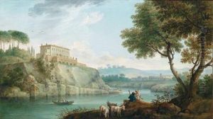 Paesaggio Fluviale Meridionale Con Villa In Collina E Pastori