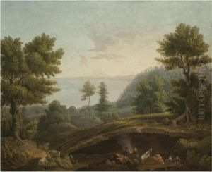 A Coastal Landscape, Probably
Near Naples, With Herdsmen And Their Goats Around A Fire Near A Grotto by Jacob Philipp Hackert