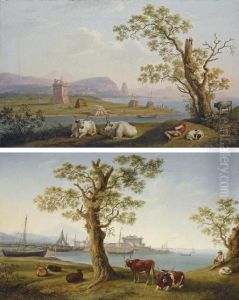 A Coastal Inlet, With Cattle In
The Foreground And Fishing Boats And A Town Beyond; And The Harbour Of
Terracina With Cattle In The Foreground, A Fortified Tower In The Middle
Ground And Monte Sant'angelo With Pisco Montano Beyond by Jacob Philipp Hackert
