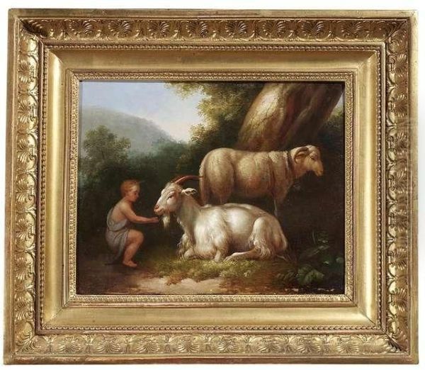 A Shepherd Boy With Goat And Sheep In A Summery Landscape - view 1