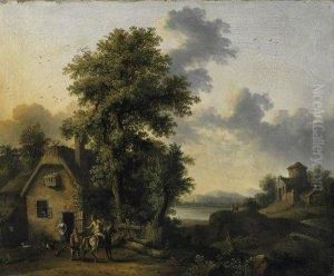 "fluslandschaft Mit Bauernhaus Und Reiter". Oil On Canvas. Relined. 60 X 72cm. Framed.