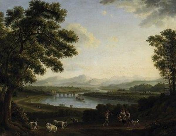 View On The Tiberdale And The
Milvian Bridge In Rome. Oil On Canvas. Relined. 53 X 68,5cm. Framed. - view 1