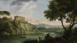 Italian River Landscape With 
Shepherds. On The Surrounding Hills Are Villas And Fortified Towns
