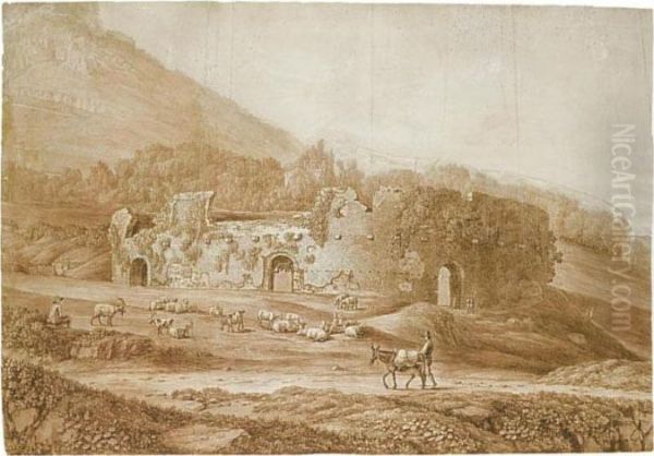 Study Of The Ruins Of An 
Amphitheatre In The Countryside, With Sheep And Goats Grazing Nearby - view 1